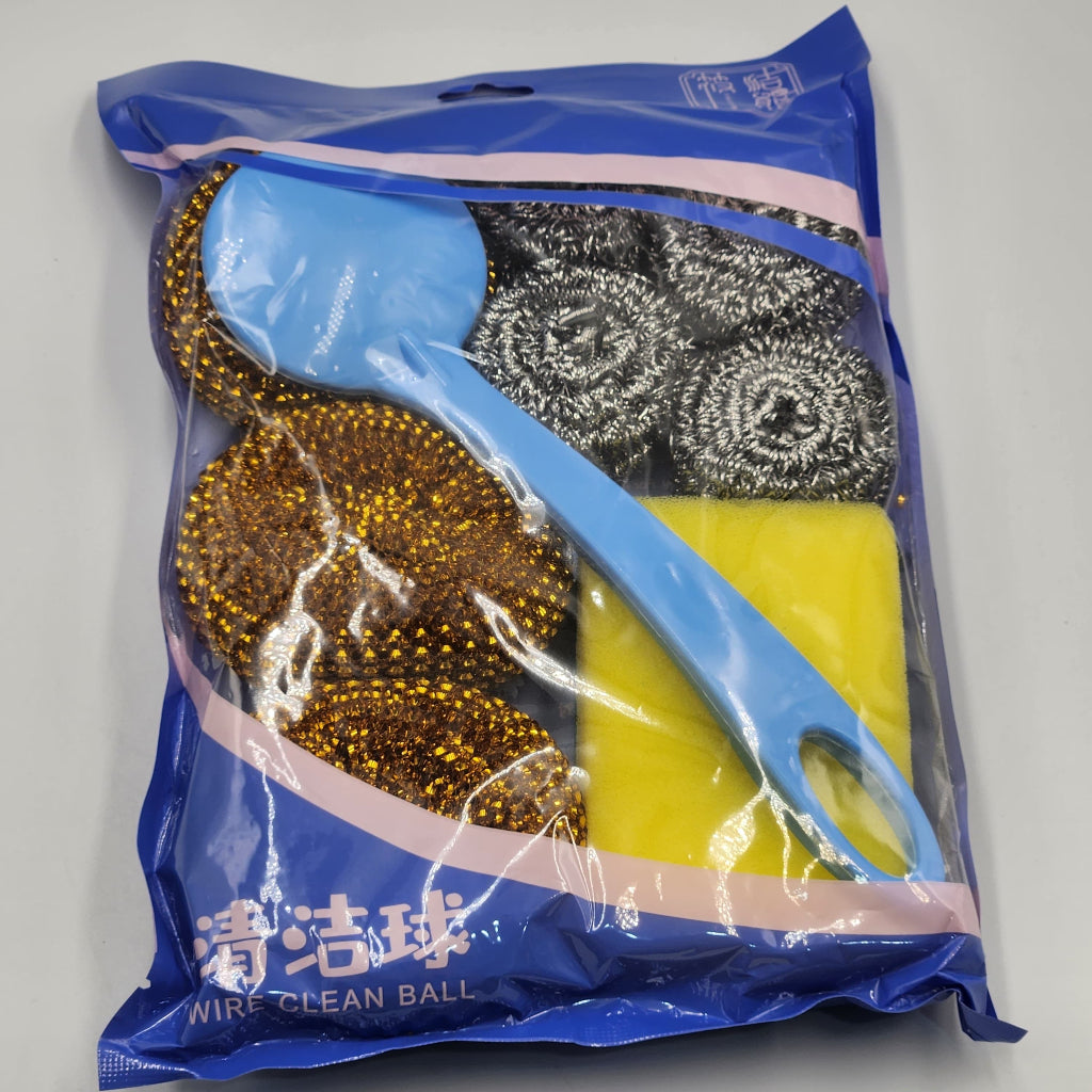 8 pcs Set– Multi-Purpose Kitchen Cleaning Set (Wire Scrubbers, Sponge & Handle Brush)