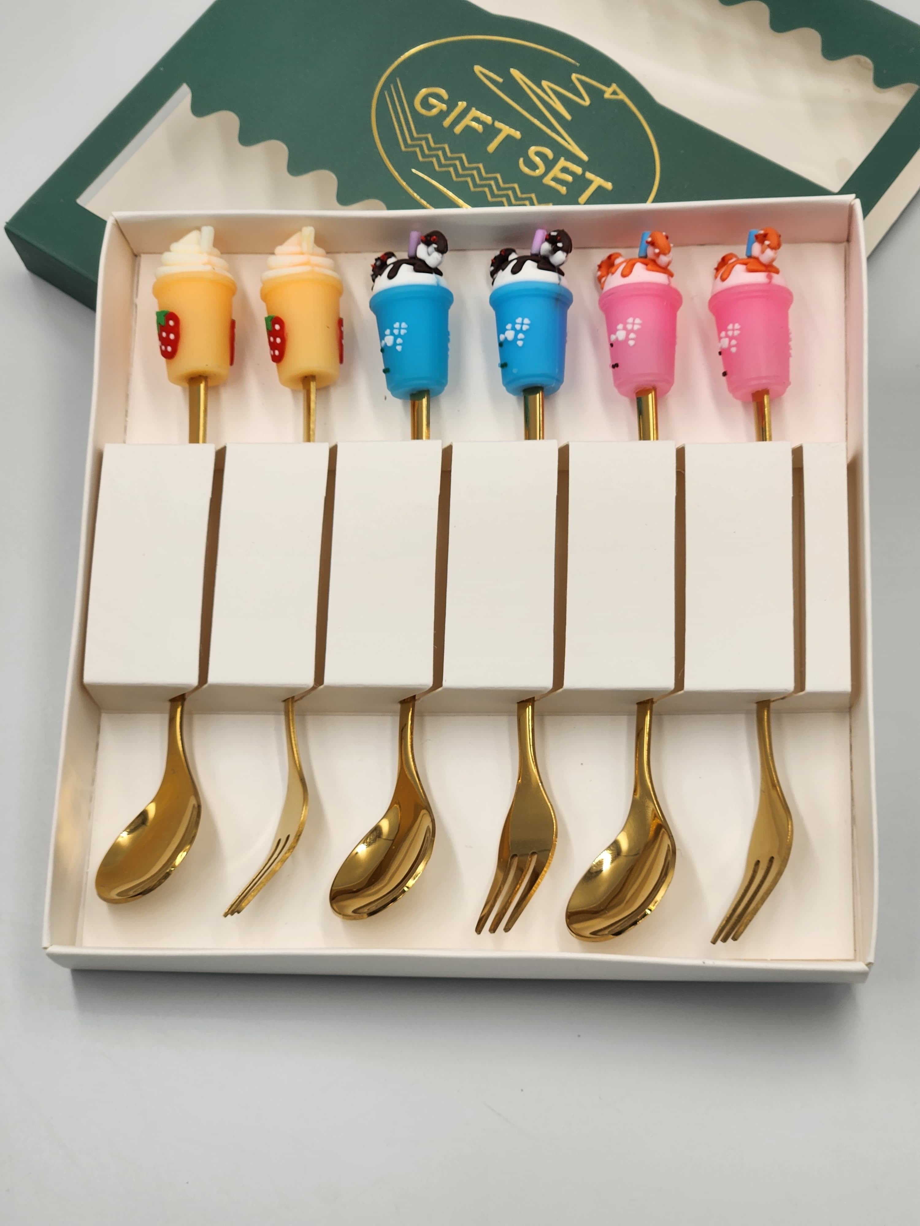 6 pcs Random Cartoon Fruit Handle Stainless Steel Fork Spoon Coffee Stirring Dessert Cake Creative Fork Spoon