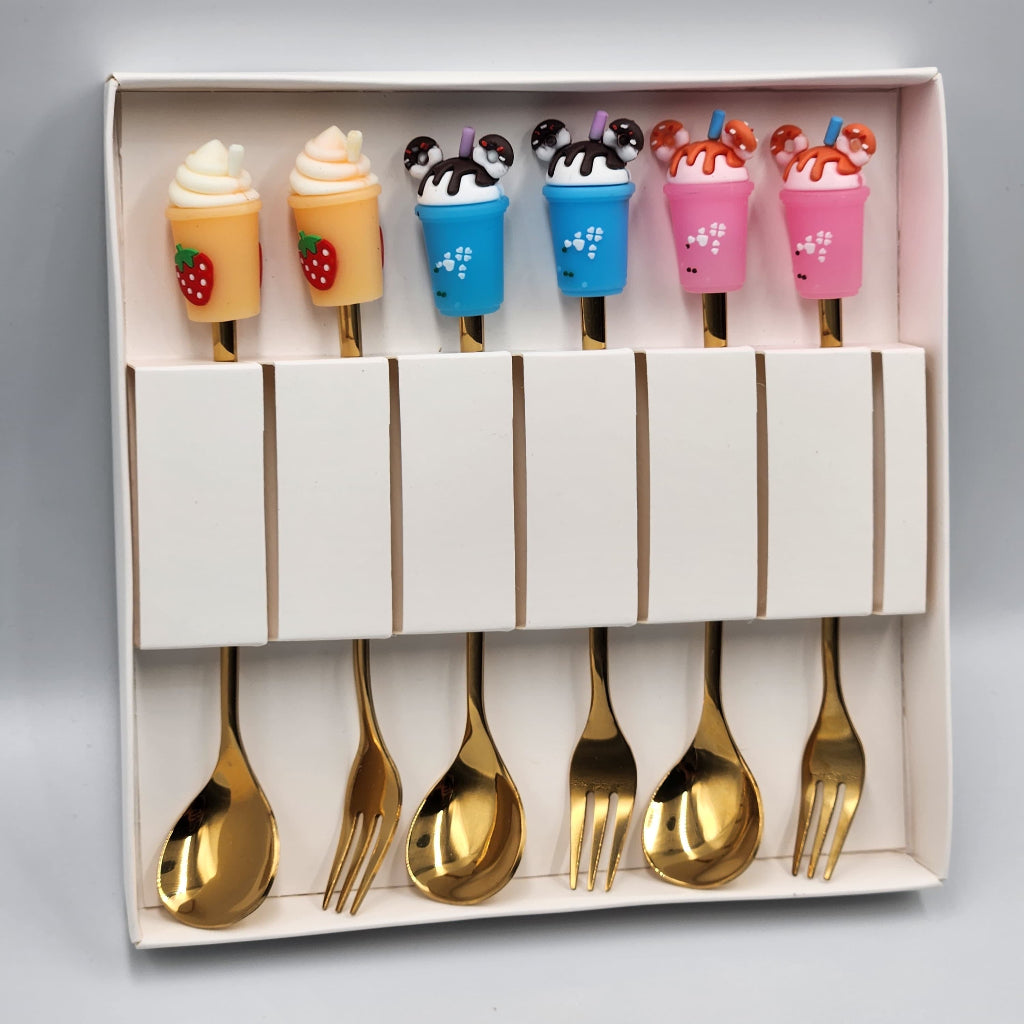 6 pcs Random Cartoon Fruit Handle Stainless Steel Fork Spoon Coffee Stirring Dessert Cake Creative Fork Spoon