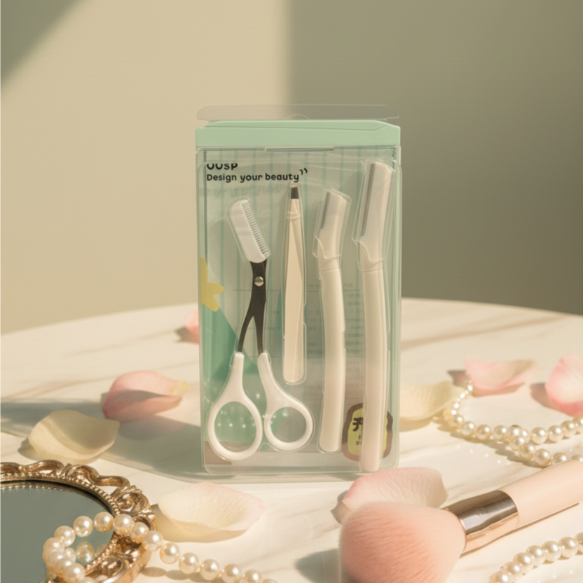 4-Piece Eyebrow Grooming & Shaper Kit – Professional Dermaplaning Razors, Scissors with Comb, and Tweezers Set