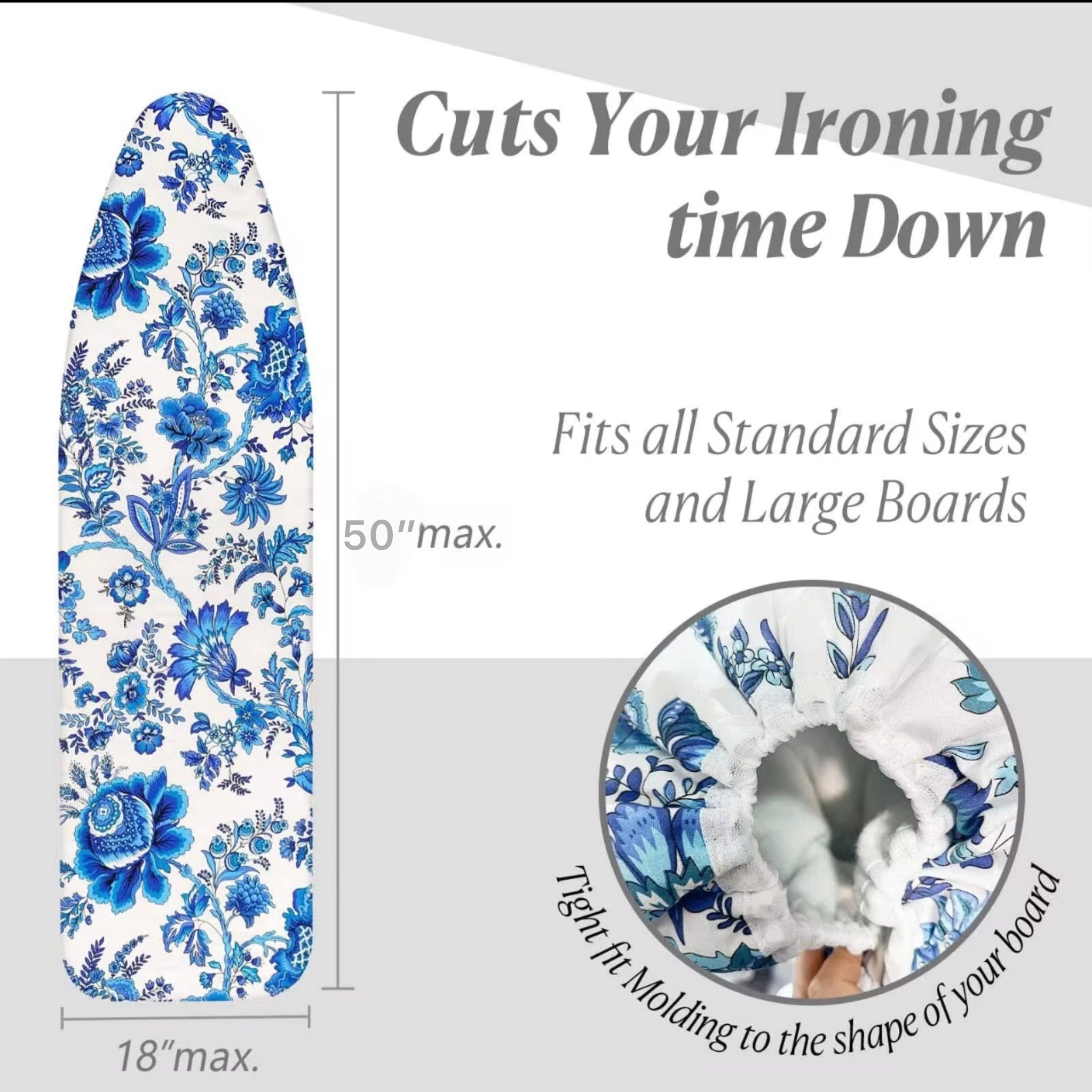 18x50inch Heavy Duty Ironing Board Cover & Pad - Heat Resistant, Non-Slip Thick Felt, Elastic Edges, 2 Sticker Bands, Fits Standard Boards, Stylish Geometric Pattern in Gray & White, Ironing Board Cover Set