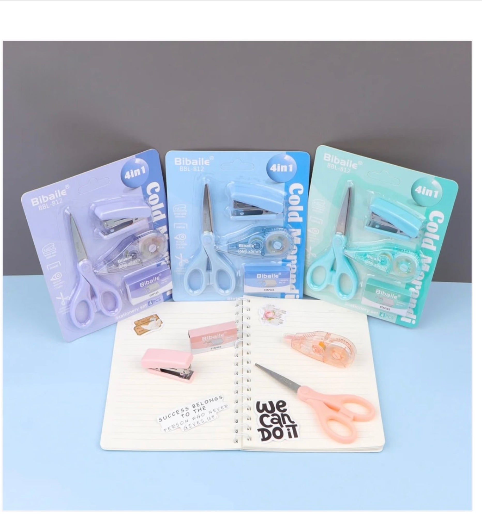4 in 1 Cold Morandi Stationery Set-for Kids Mini Size Stapler with 400 Staples Blister, Stapler Machine for Paper Return Gifts for Kids Stationary Kit
