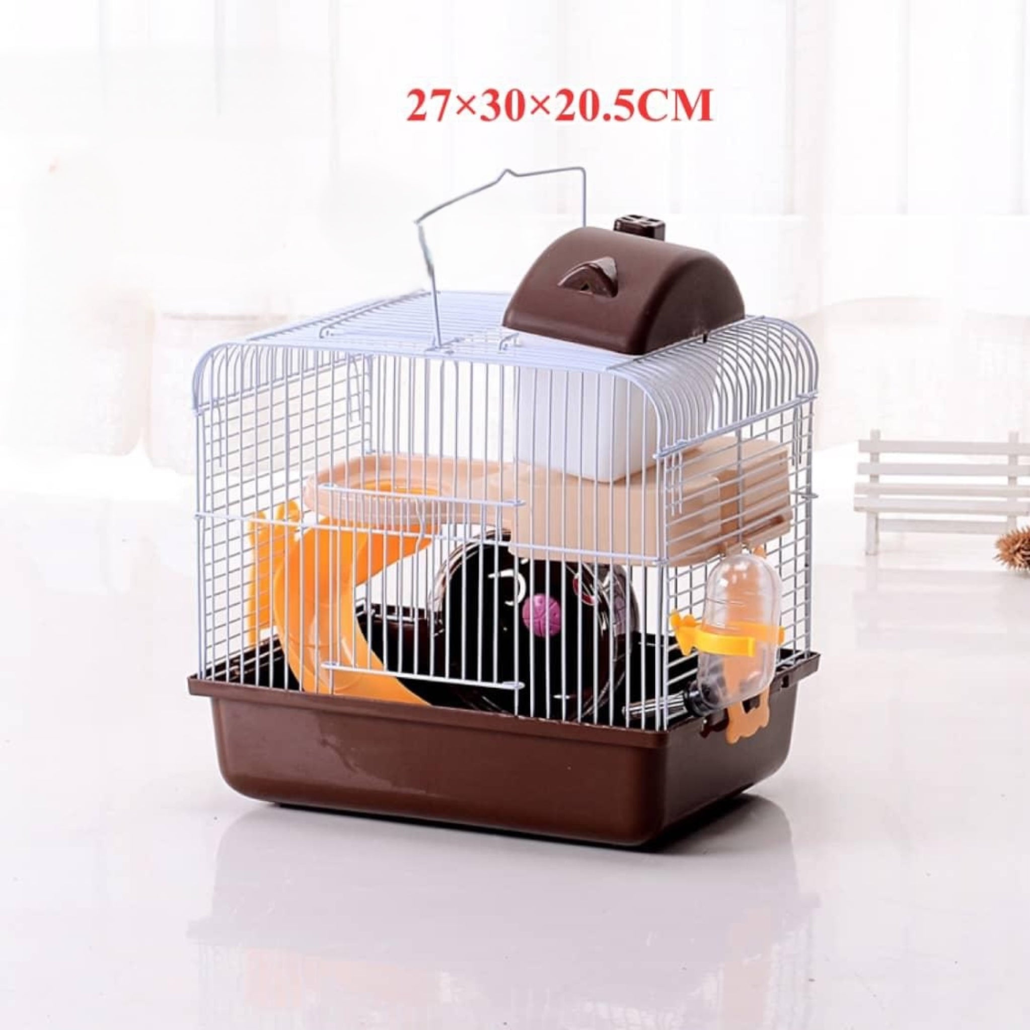 Portable Hamster Travel Cage with Water Bottle - Blue and Yellow Small Pet Carrier for Gerbils, Multi-Level Design with Outdoor Adventure Game Tunnel, Built-in Water Bottle and Hamster Stand